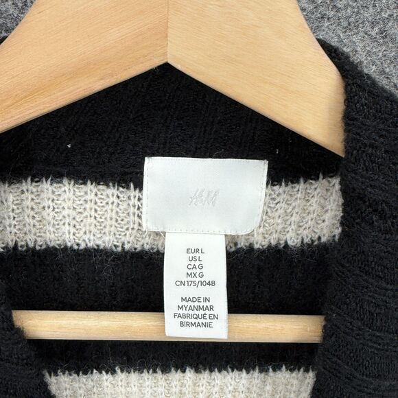 H&M Sweater Pullover Women L Large Black Striped Knit Wool Long Sleeve Crew Neck - Picture 3 of 7
